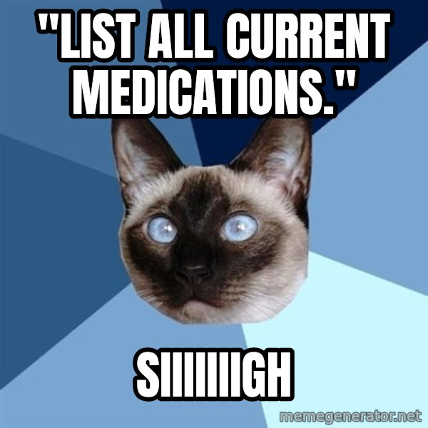 Chronic Illness Cat meme: "List all current medications." / Siiiiiiigh