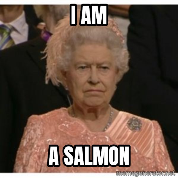 Unimpressed Queen meme: I am / a salmon