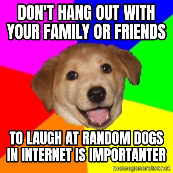 Advice Dog meme: DON'T HANG OUT WITH YOUR FAMILY OR FRIENDS / TO LAUGH AT RANDOM DOGS IN INTERNET IS IMPORTANTER