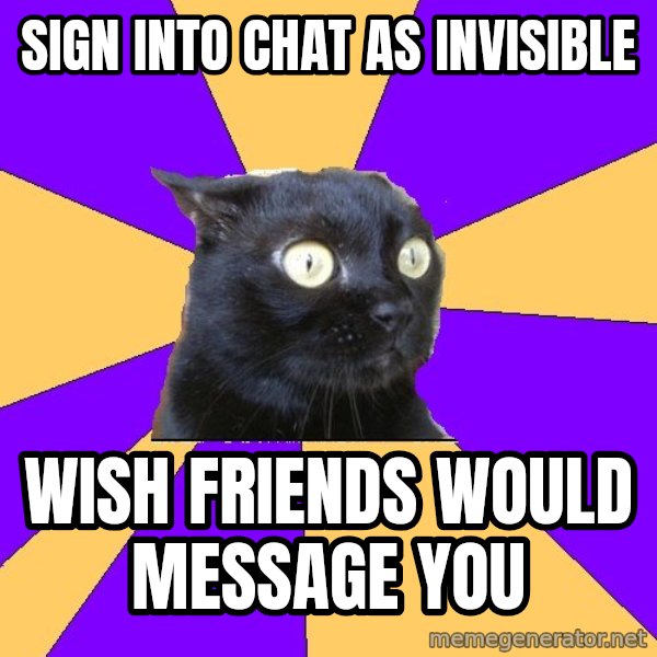 Anxiety Cat meme: Sign into chat as invisible / wish friends would message you