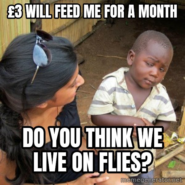 skeptical black kid meme: £3 will feed me for a month / do you think we live on flies?
