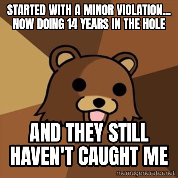 Pedobear meme: started with a minor violation... now doing 14 years in the hole / and they still haven't caught me