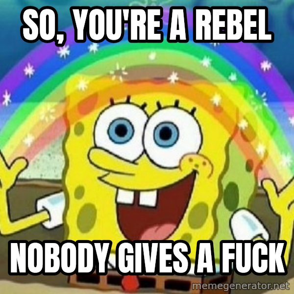 See? Nobody Cares meme: So, you're a rebel / nobody gives a fuck