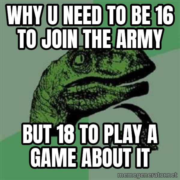 Philosoraptor meme: Why u need to be 16 to join the army / but 18 to play a game about it