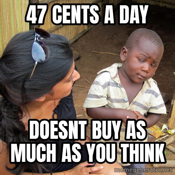 Skeptical 3rd World Kid meme: 47 cents a day / Doesnt buy as much as you think
