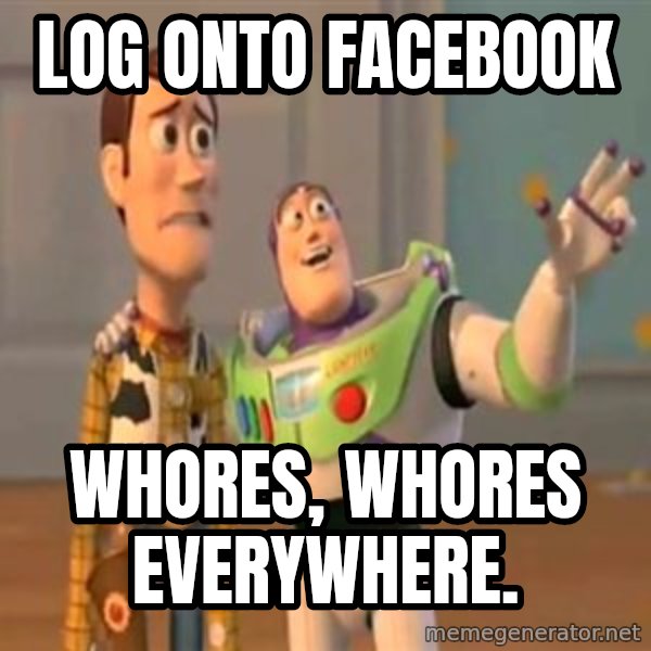 X, X Everywhere  meme: log onto facebook / whores, whores everywhere.
