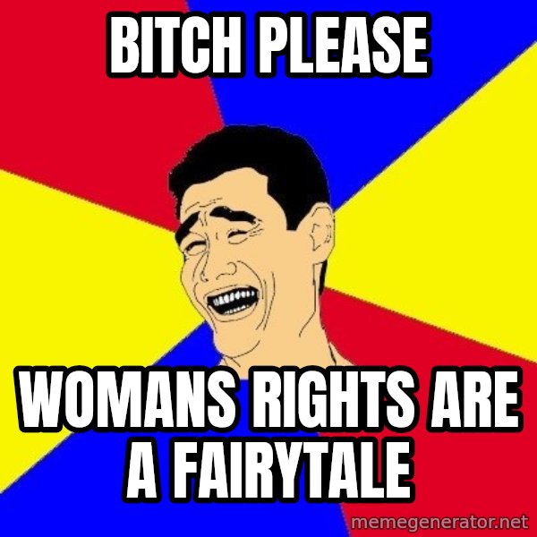 journalist meme: bitch please / womans rights are a fairytale