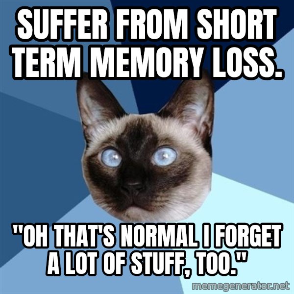 Chronic Illness Cat meme: suffer from short term memory loss. / "oh that's normal i forget a lot of stuff, too."
