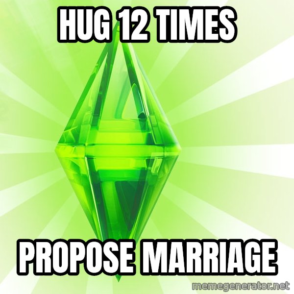 Sims meme: Hug 12 times / propose marriage