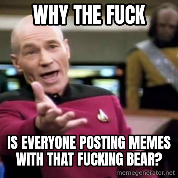 Picard Wtf meme: WHY THE FUCK / IS EVERYONE POSTING MEMES WITH THAT FUCKING BEAR?