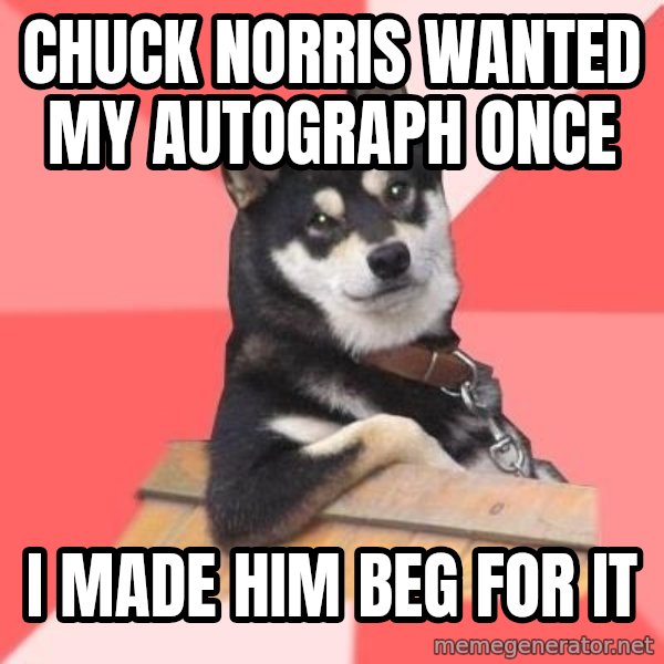 Cool Dog meme: chuck norris wanted my autograph once / i made him beg for it