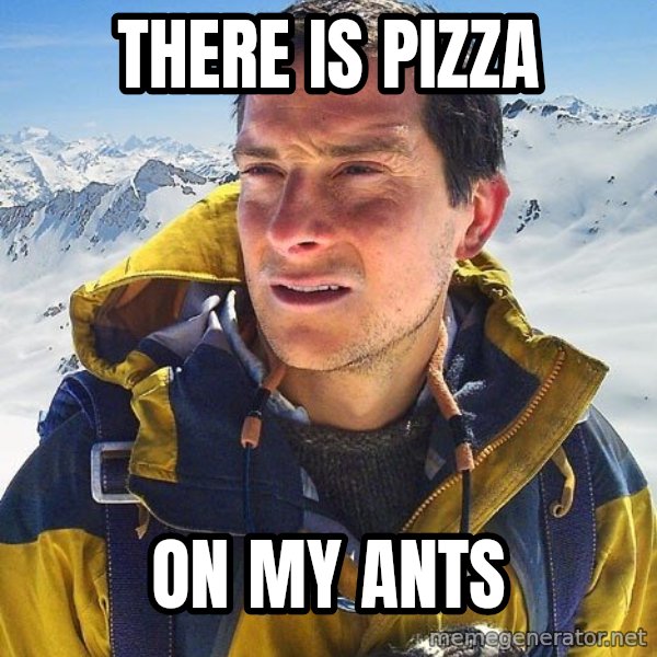 Bear Grylls Loneliness meme: There is pizza / on my ants