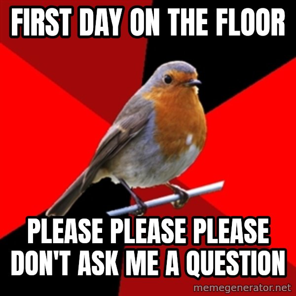 Retail Robin meme: first day on the floor / please please please don't ask me a question