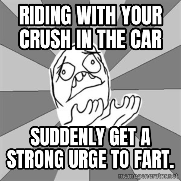 Whyyy??? meme: Riding with your crush in the car / SUddeNly get a strong urge to fart.