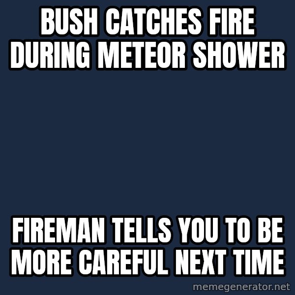 Sims meme: bush catches fire during meteor shower / fireman tells you to be more careful next time