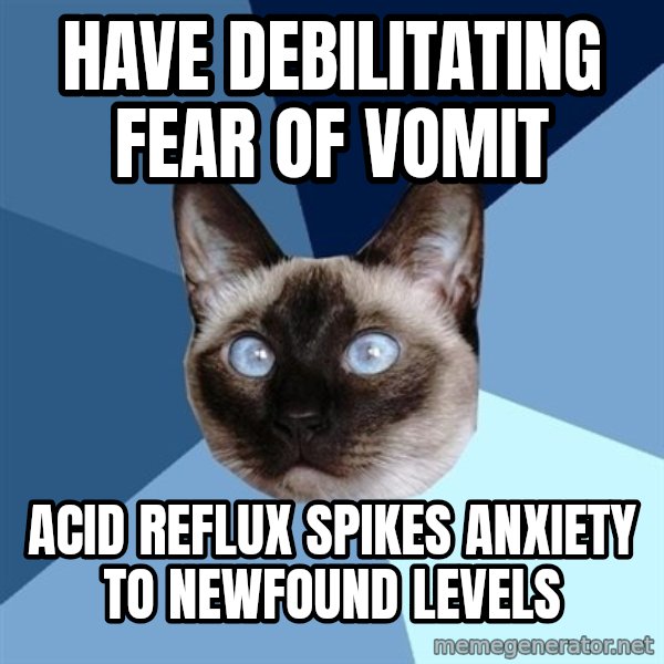 Chronic Illness Cat meme: have debilitating fear of vomit / acid reflux spikes anxiety to newfound levels