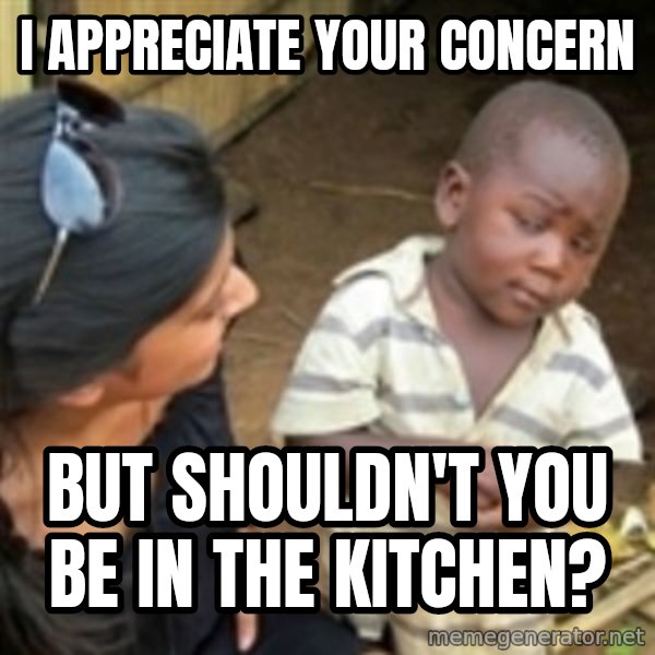 Skeptical 3rd World Kid meme: I APPRECIATE YOUR CONCERN / BUT SHOULDN'T YOU BE IN THE KITCHEN?