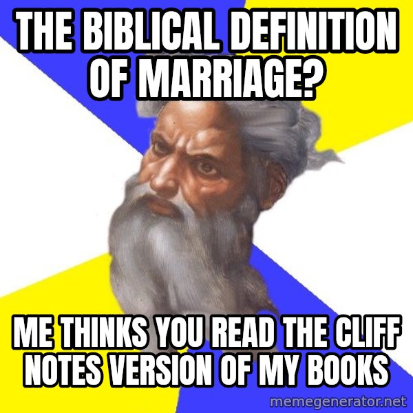 God meme: The biblical definition of marriage? / me thinks you read the cliff notes version of my books