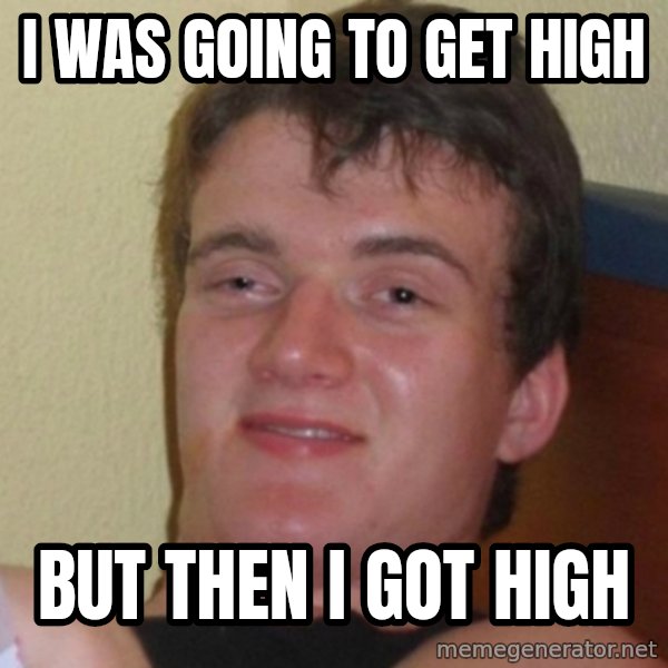Really Stoned Guy meme: I  was going to get high / but then i got high
