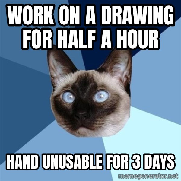 Chronic Illness Cat meme: work on a drawing for half a hour / hand unusable for 3 days