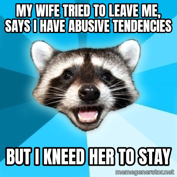Lame Pun Coon meme: my wife tried to leave me, says i have abusive tendencies / but i kneed her to stay