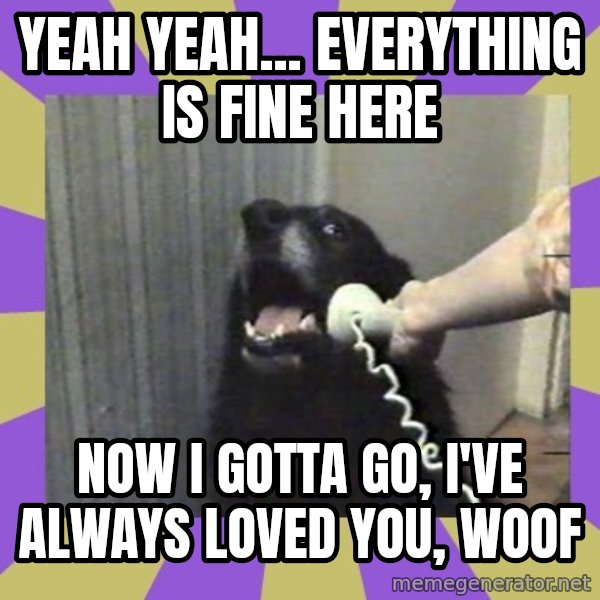 Yes, this is dog! meme: yeah yeah... everything is fine here / now i gotta go, i've always loved you, WOOF