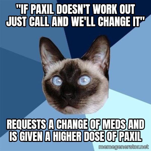 Chronic Illness Cat meme: "If paxil doesn't work out just call and we'll change it" / Requests a change of meds and is given a higher dose of paxil
