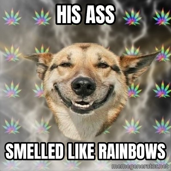 Stoner Dog meme: his ass / smelled like rainbows