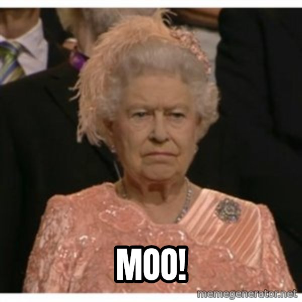 Unimpressed Queen meme: moo!