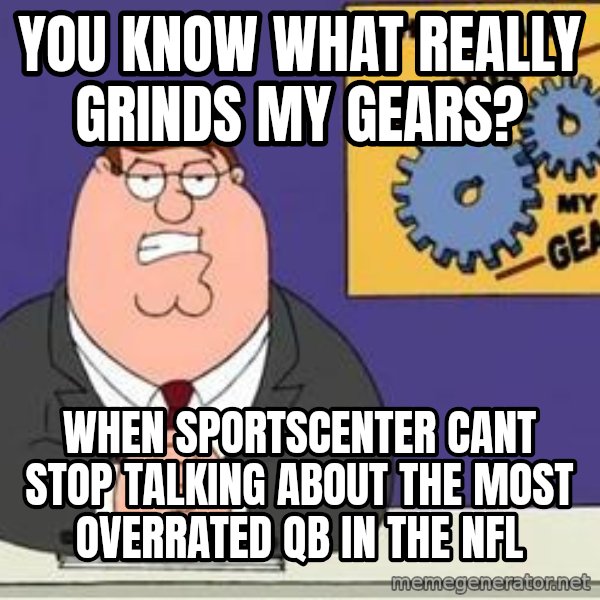 Grinds My Gears Peter Griffin meme: You know what really grinds my gears? / when sportscenter cant stop talking about the most overrated qb in the nfl