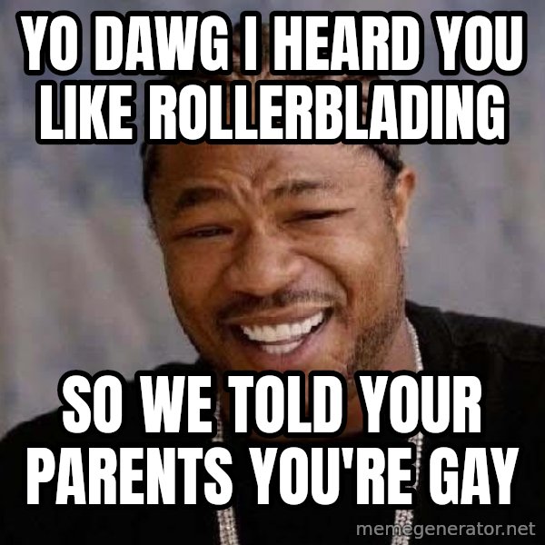 Yo Dawg meme: yo dawg i heard you like rollerblading / so we told your parents you're gay