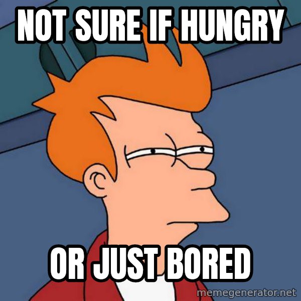 Futurama Fry meme: Not sure if hungry / Or just Bored