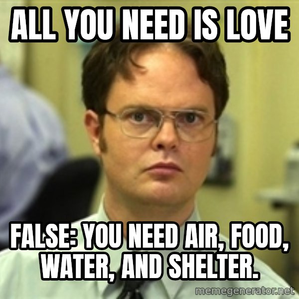 Dwight Schrute meme: ALL YOU NEED IS LOVE / FALSE: YOU NEED air, food, water, and shelter.