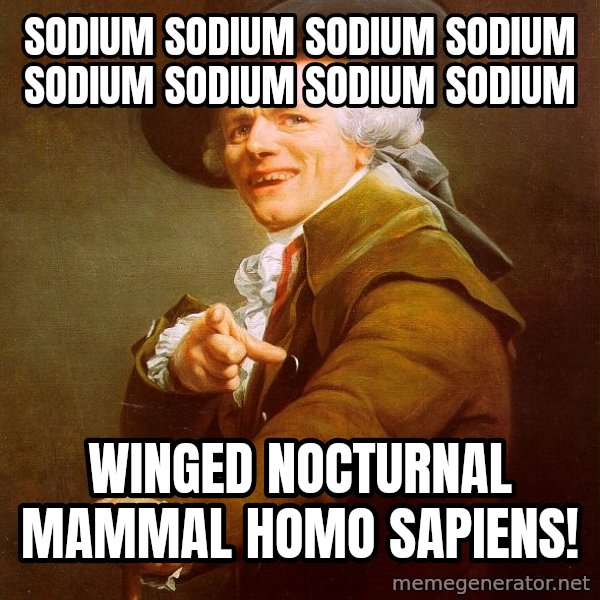 Joseph Ducreux meme: Sodium sodium sodium sodium sodium sodium sodium sodium / winged nocturnal mammal homo sapiens!