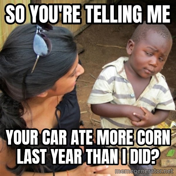 So You're Telling me meme: So you're telling me / your car ate more corn last year than i did?