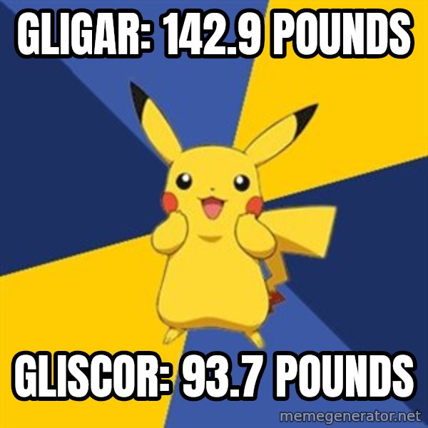 Pokemon Logic  meme: gligar: 142.9 pounds / gliscor: 93.7 pounds