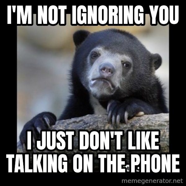 sad bear meme: I'm not ignoring you / i just don't like talking on the phone