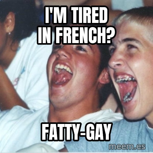 Immature high school kids meme: i'm tired in french? / fatty-gay