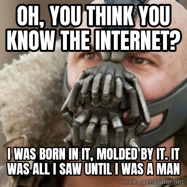 Bane meme: Oh, you think you know the internet? / i was born in it, molded by it. it was all i saw until i was a man