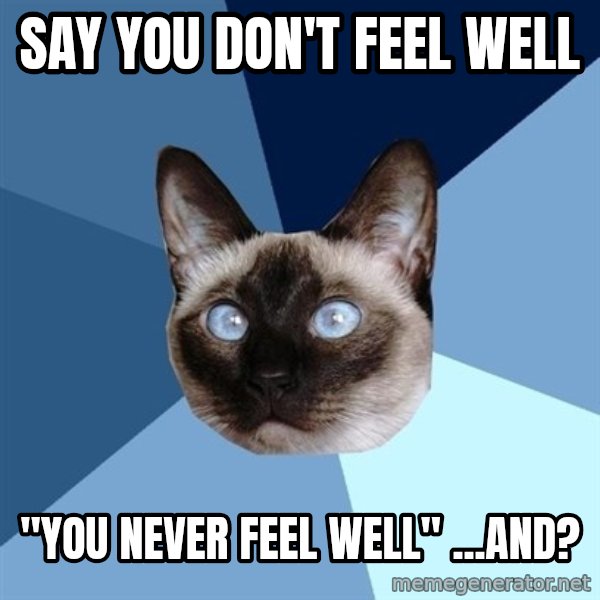 Chronic Illness Cat meme: Say you don't feel well / "you never feel well" ...and?