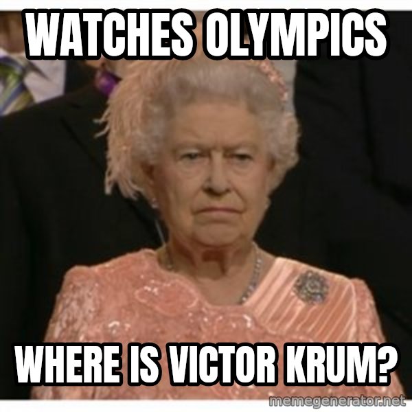 Unimpressed Queen meme: watches olympics / where is victor krum?