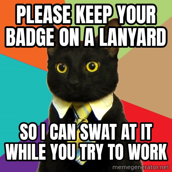 Business Cat meme: Please keep your badge on a lanyard / So I can Swat At It While you Try TO Work