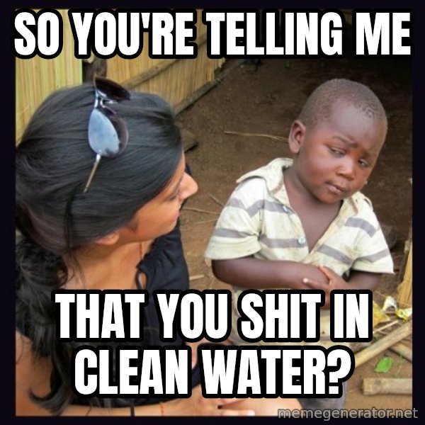 Skeptical 3rd World Kid meme: So you're telling me / that you shit in clean water?