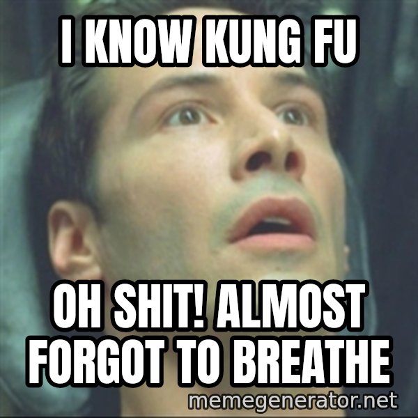 i know kung fu meme: I KNOW KUNG FU / OH SHIT! ALMOST FORGOT TO BREATHE