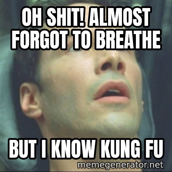 i know kung fu meme: OH SHIT! ALMOST FORGOT TO BREATHE / BUT I KNOW KUNG FU