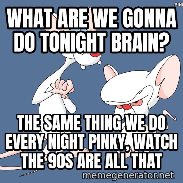 Pinky And The Brain meme: What are we gonna do tonight brain? / The same thing we do every night pinky, watch the 90s are all that