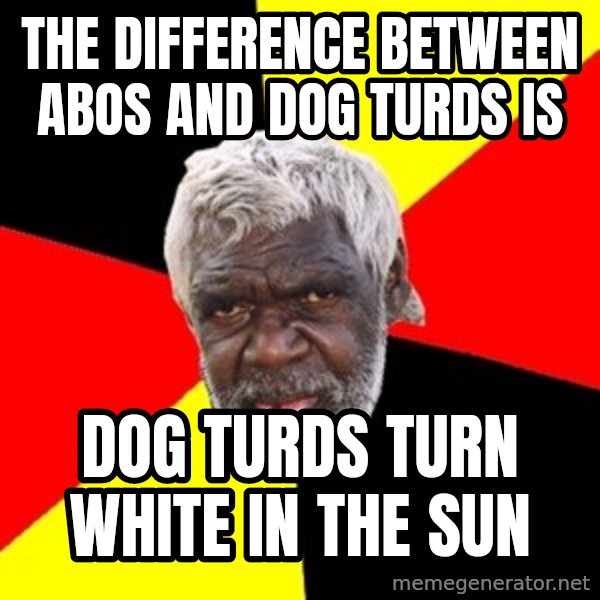 Aboriginal meme: the  difference  between  abos  and  dog  turds  is / Dog  turds  turn  white  in  the  sun
