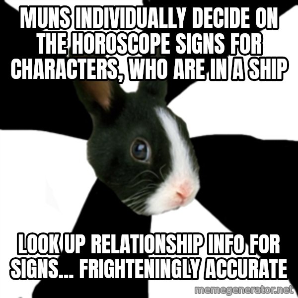 Roleplaying Rabbit meme: MUNS INDIVIDUALLY DECIDE ON THE HOROSCOPE SIGNS FOR CHARACTERS, WHO ARE IN A SHIP / Look up relationship info for Signs... FRIGHTENINGLY ACCURATE