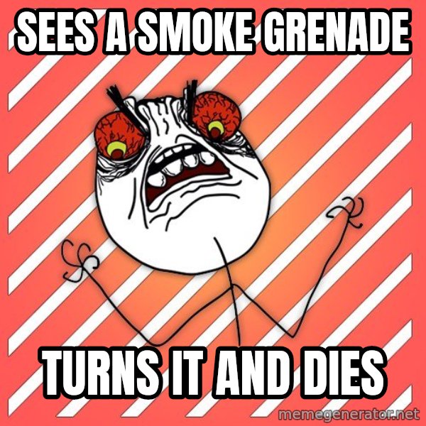 iHate meme: sees a smoke grenade / turns it and dies