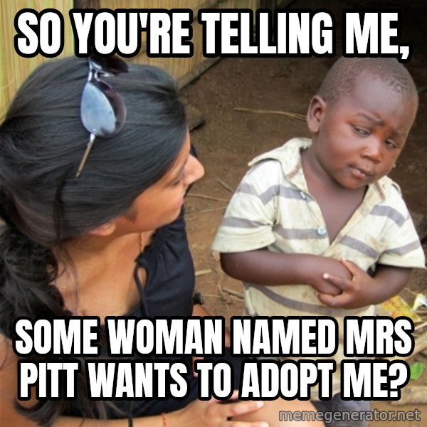 So You're Telling me meme: So you're telling me, / Some woman named Mrs pitt wants to adopt me?
